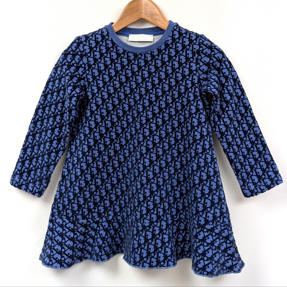Girls Dress Fleece Logo Fabric Crew Neck Long Sleeve Ruffle Hem Blue size 5